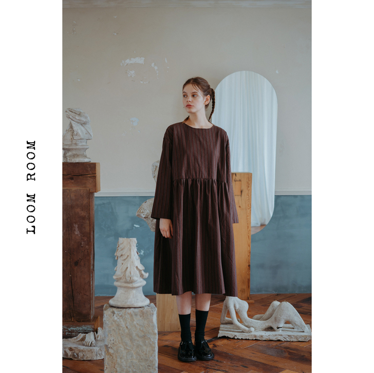 LOOMROOM 法式复古枫糖色条纹质感棉...