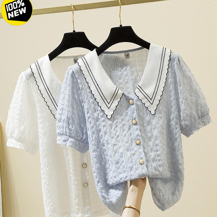 2021夏季衬衫女胖mm大码洋气超仙娃娃领...