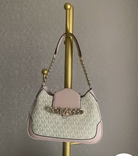 MK小号腋下马鞍包，复古老花柔粉色拼白，可...