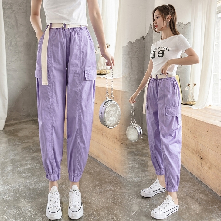 紫色工装裤女夏季薄款bf束脚初中高中生少女...