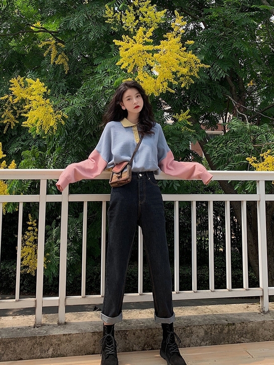 范智乔牛仔裤女直筒宽松烟管裤冬复古港风高腰...