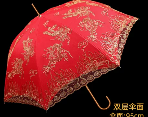 红伞婚庆结婚出嫁伞蕾丝花边刺绣长柄中式婚礼...