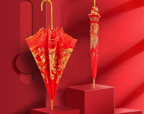 红伞婚庆结婚出嫁伞蕾丝花边刺绣中式婚礼长柄...