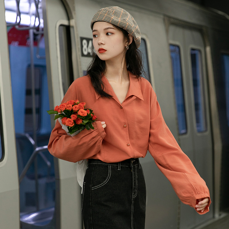 春秋长袖复古港味衬衫女设计感小众轻熟港风秋...