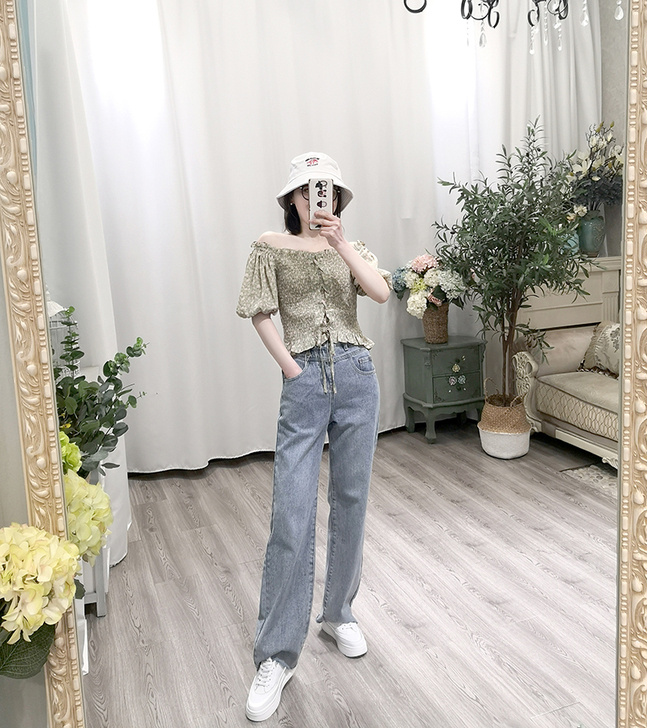 全新 对白直筒牛仔裤女宽松2021新款春装...