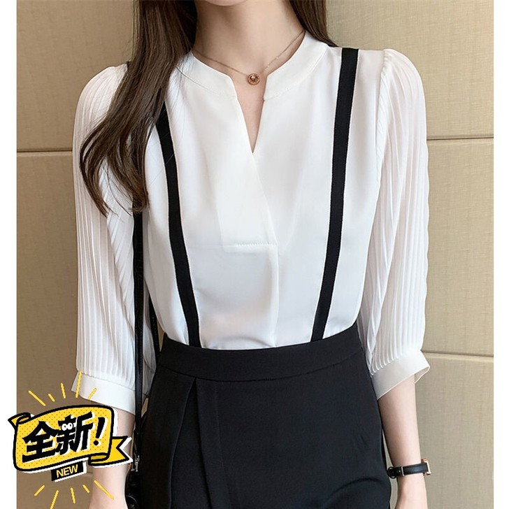 衬衫V领白色女七分袖雪纺上衣2021夏季新...