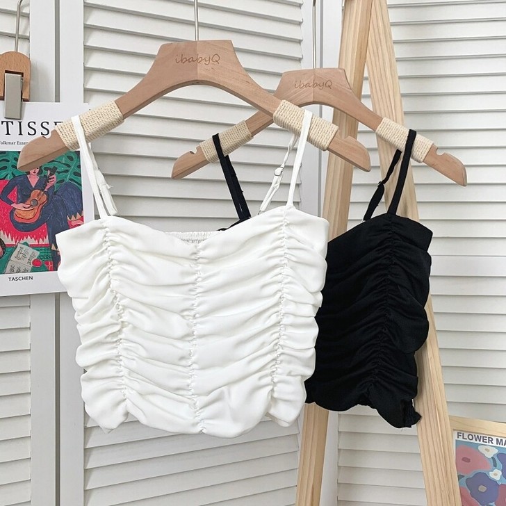 2021夏季新款甜美百搭纯色褶皱修身显瘦短...