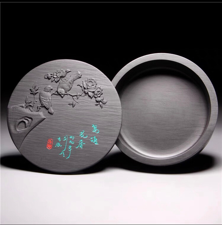 天然原石砚台墨碟 歙砚带盖圆砚 精品老坑端...