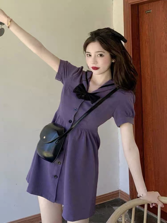 法式初恋茶歇桔梗裙子仙女超仙森系小个子紫色...