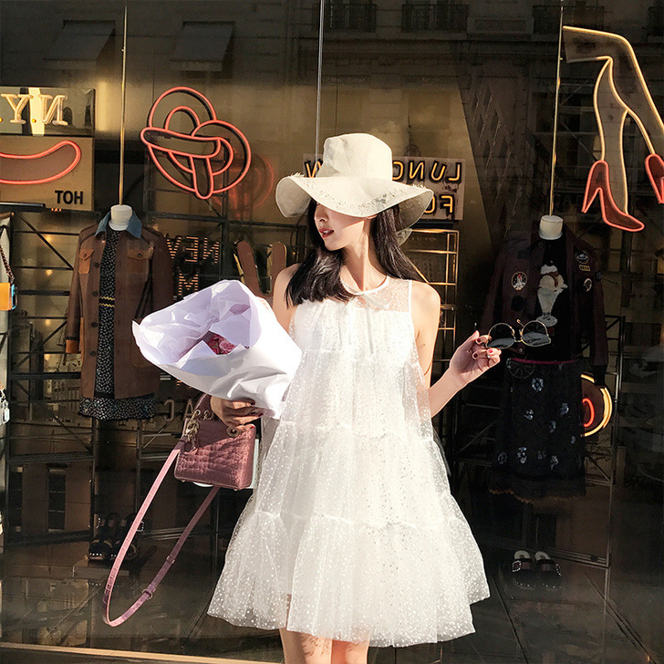 2020春夏新款波点网纱a字背心连衣裙短裙...