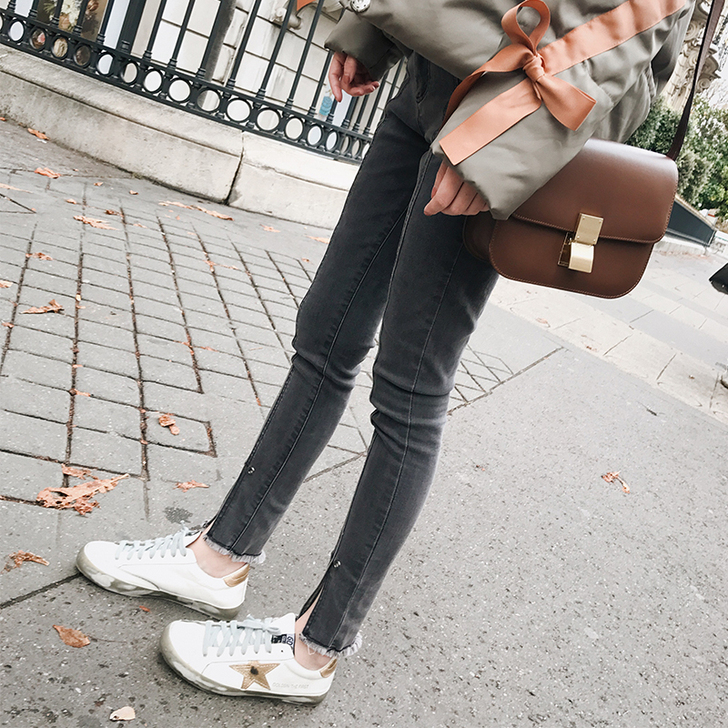 mimius高腰修身显瘦深灰色牛仔裤 尺寸M