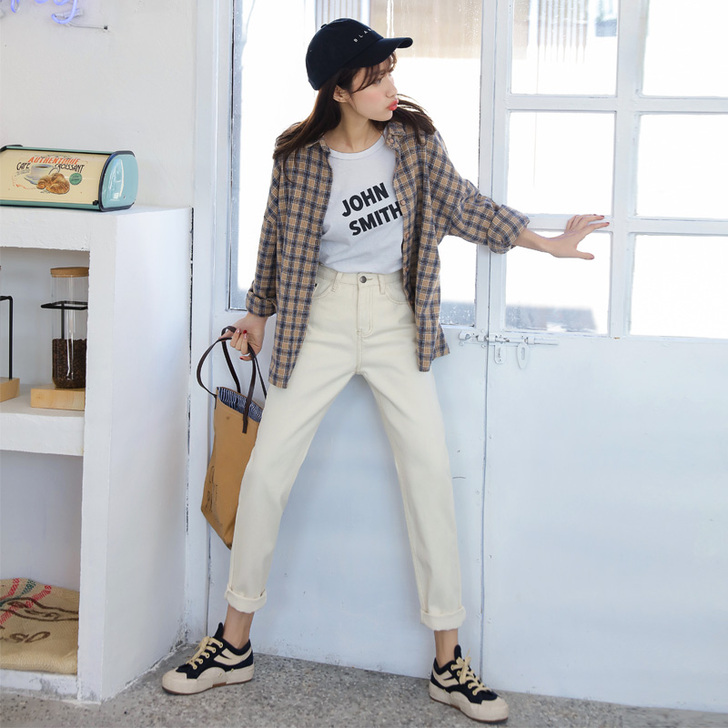 直筒裤米白色高腰老爹学生宽松牛仔杏色裤子女...