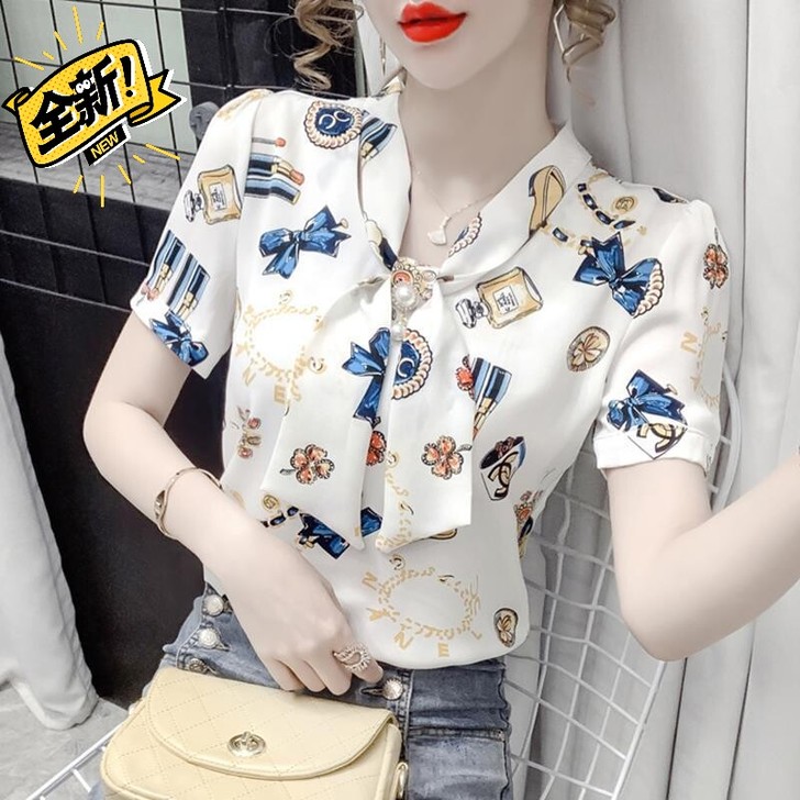 时尚印花蝴蝶结短袖衬衫女设计感小众上衣女夏...