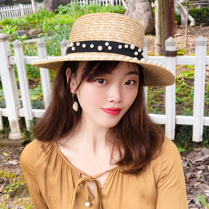 网红珍珠小檐平顶草帽英伦时尚宽檐防晒夏季出...