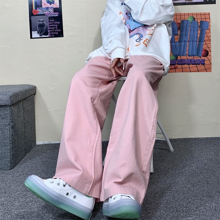休闲裤女夏季韩版ins高街粉色工装直筒阔腿...