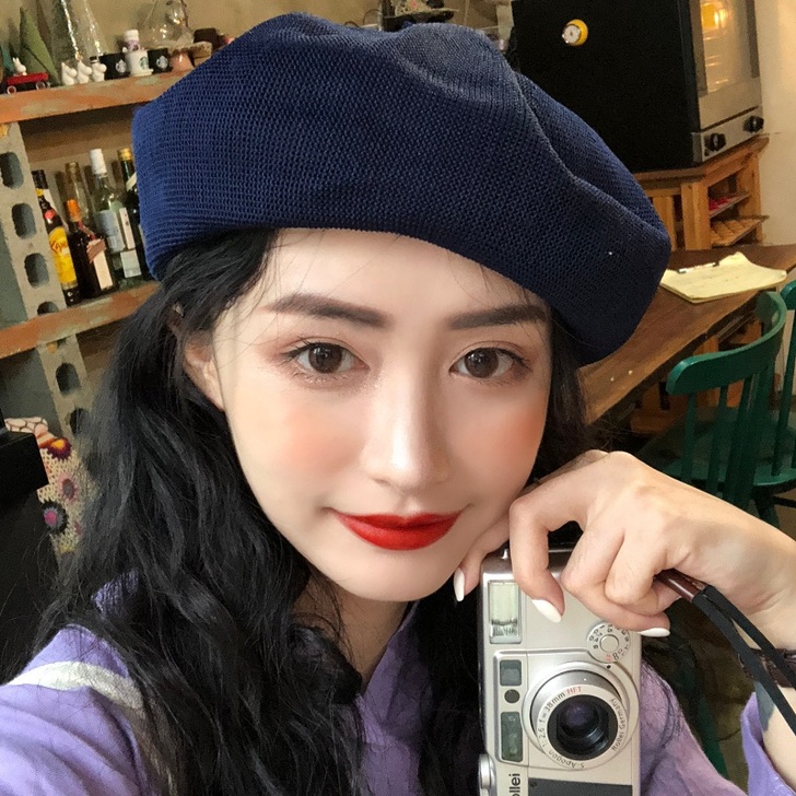 藏青色ins贝雷帽女夏季春秋薄款画家帽子透...