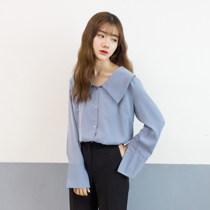 宽松显瘦蓝色娃娃领长袖雪纺衬衣衬衫，领子很...