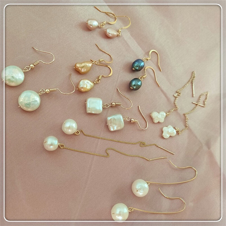 巴洛克天然淡水珍珠耳环 方形一对，麻花针，...