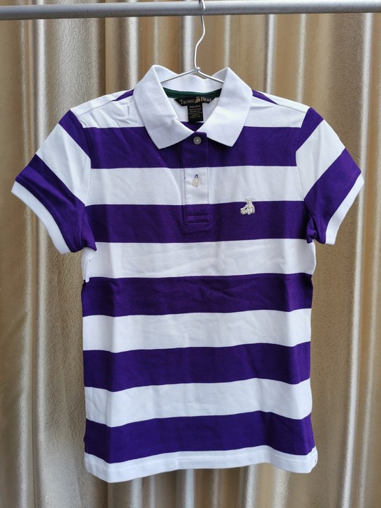 夏季女装粗条纹短袖polo衫全新160有领...