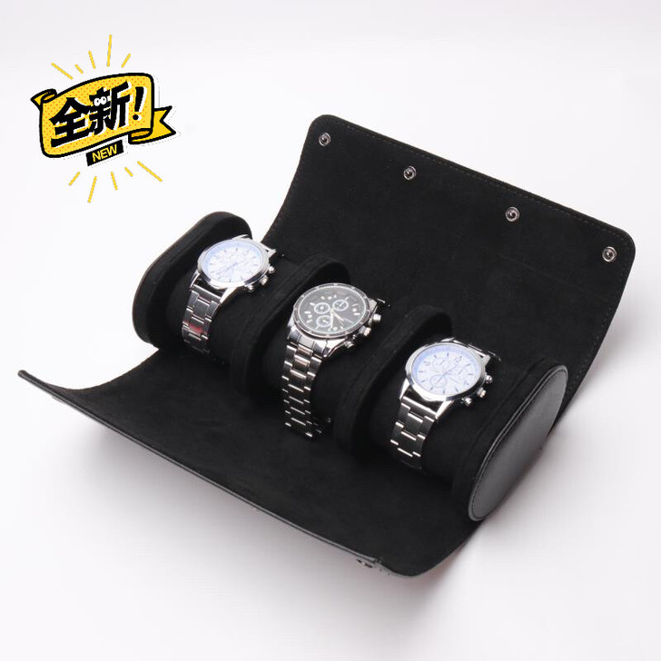 高档现货黑色十字纹PU皮革轻奢3支装手表收...