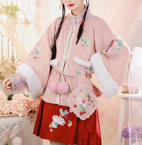 玉术汉服女花开兔原创汉元素加厚方领半袖披袄...