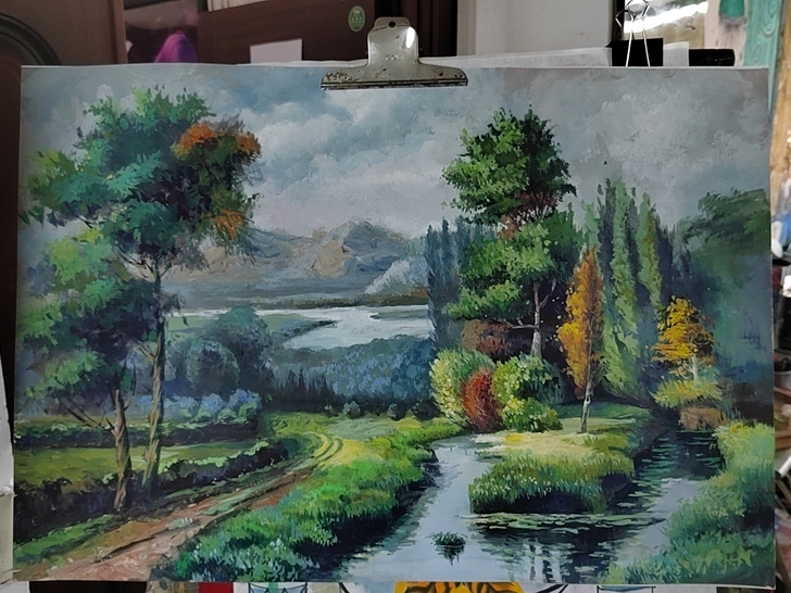 风景画手绘水粉画，规格约50/72厘米