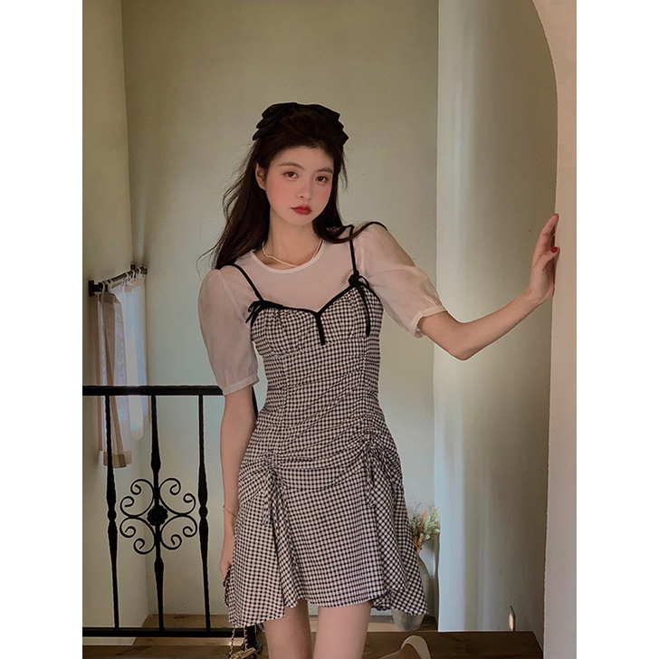 范智乔 黑白格子连衣裙女夏法式吊带裙套装两...