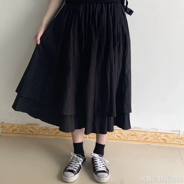 古屋兔丸家麻棉纯黑色松紧腰a字不规则蓬蓬裙...