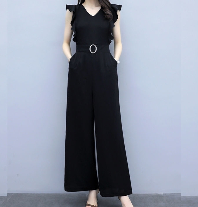 气质无袖阔腿连体裤女2021新款高腰v领宽...