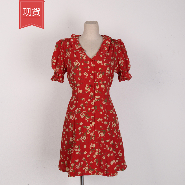 mj 复古港风红色印花连衣裙