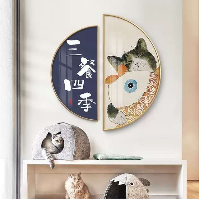 半圆异形装饰画晶瓷画小猫咪温馨清新卧室客厅...