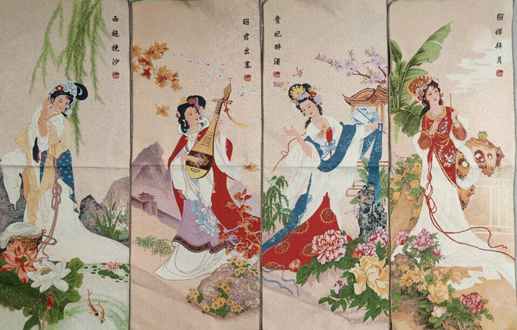 织锦绣:四大美女刺绣画人物 布绣 未装裱 ...