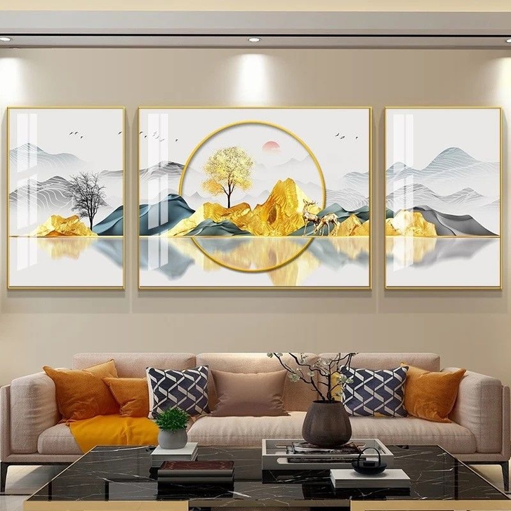 招财客厅装饰画现代简约沙发背景墙轻奢壁画晶...