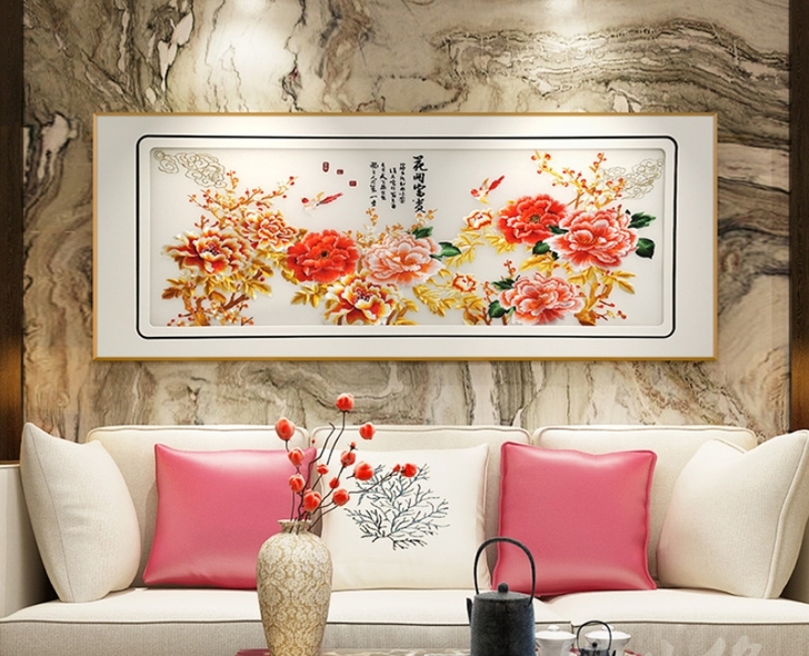 新中式刺绣装饰画 牡丹花客厅沙发背景墙挂画...