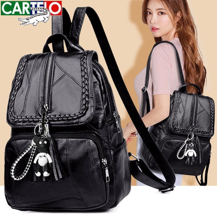 卡帝鳄鱼双肩包女2021新款背包真皮质感大...