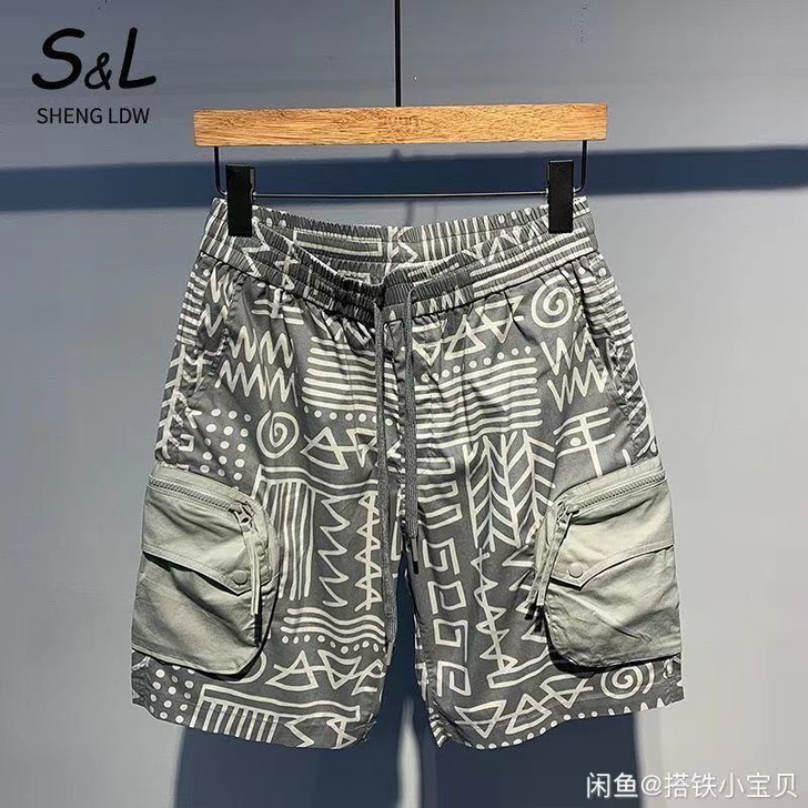 #节后鱼生#短裤男外穿夏季时尚印花百搭拼接...