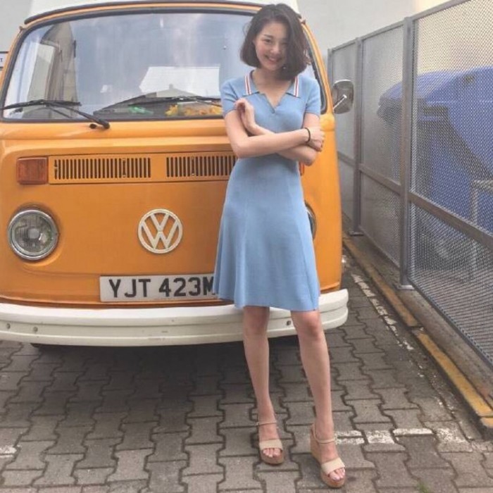 晚晚同款夏季新学院风短袖polo领A字裙 ...