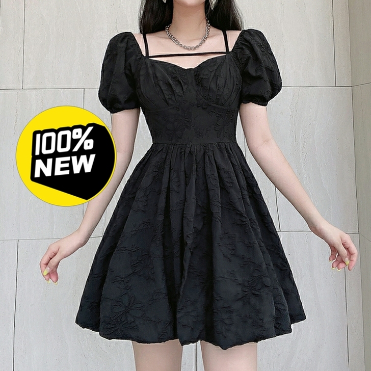 IUAE赫本风提花v领两穿褶皱短袖A字裙女...