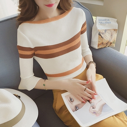 时尚条纹t恤冰丝针织衫女夏季新款一字领修身...