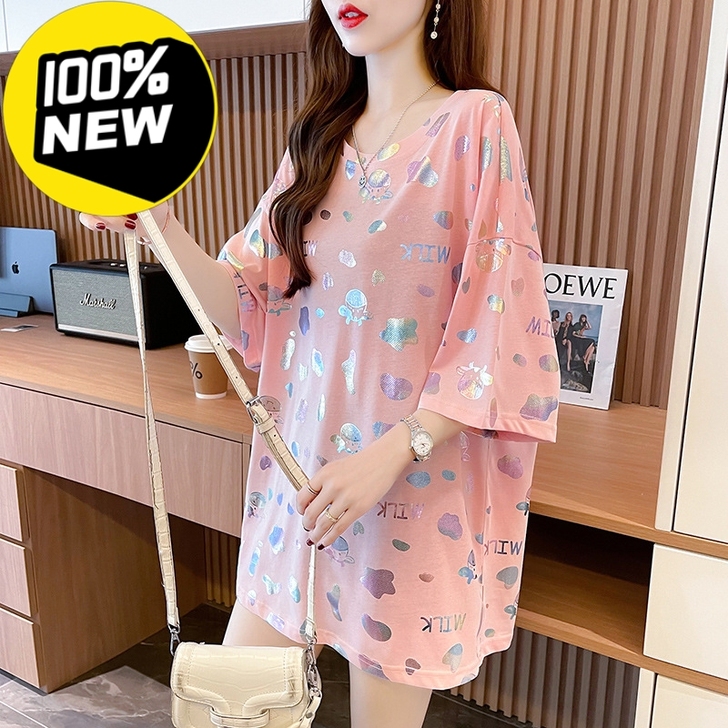 新款韩版潮流鎏金炫彩女短袖圆领中大款女上衣