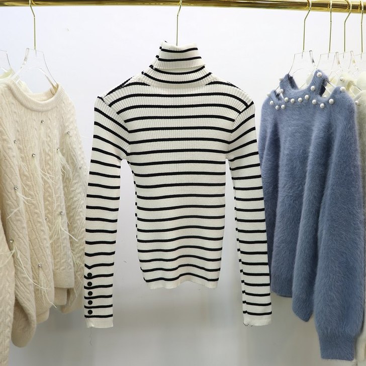 条纹袖子排扣长袖高领针织衫修身显瘦打底衫