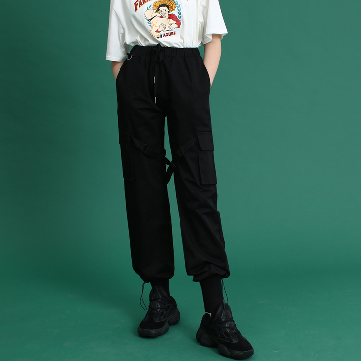 2021春秋新款韩版高腰港风工装裤子女学生...
