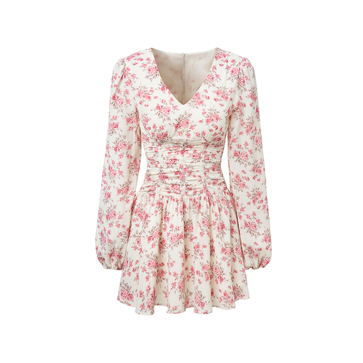 ByYou 春季显肤白法式泡泡袖粉色碎花V...