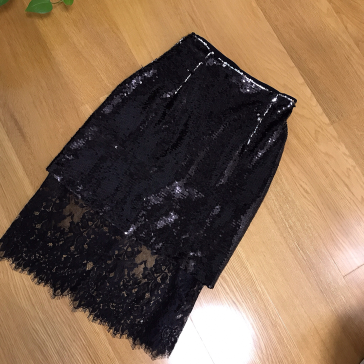 黑色鱼鳞亮片半身裙拼接蕾丝下摆女神修身包臀...