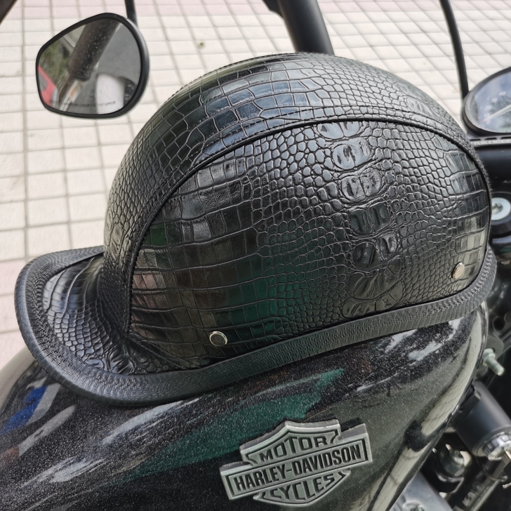 #摩托车头盔#新款亮光鳄鱼皮复古哈雷巡航男...