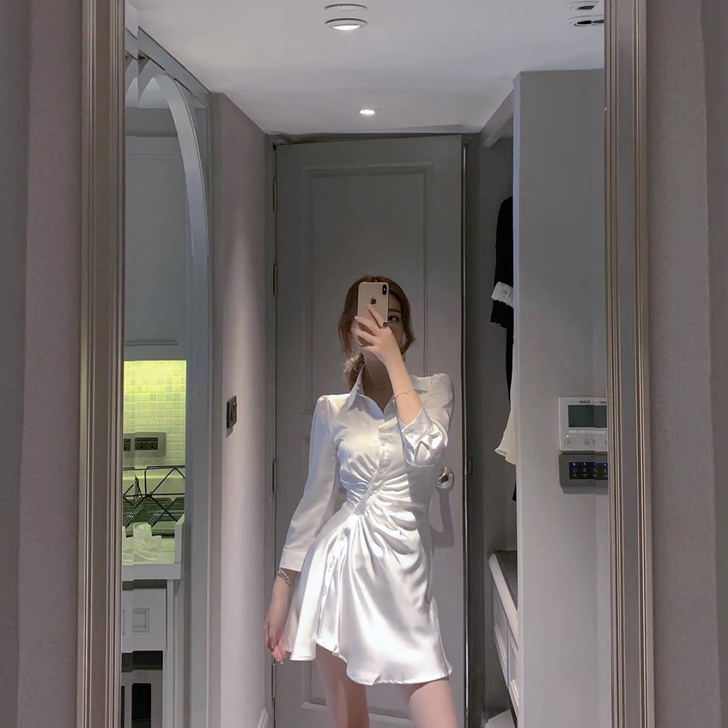 ByYou 夏季衬衫领白色绸缎连衣裙女设计...