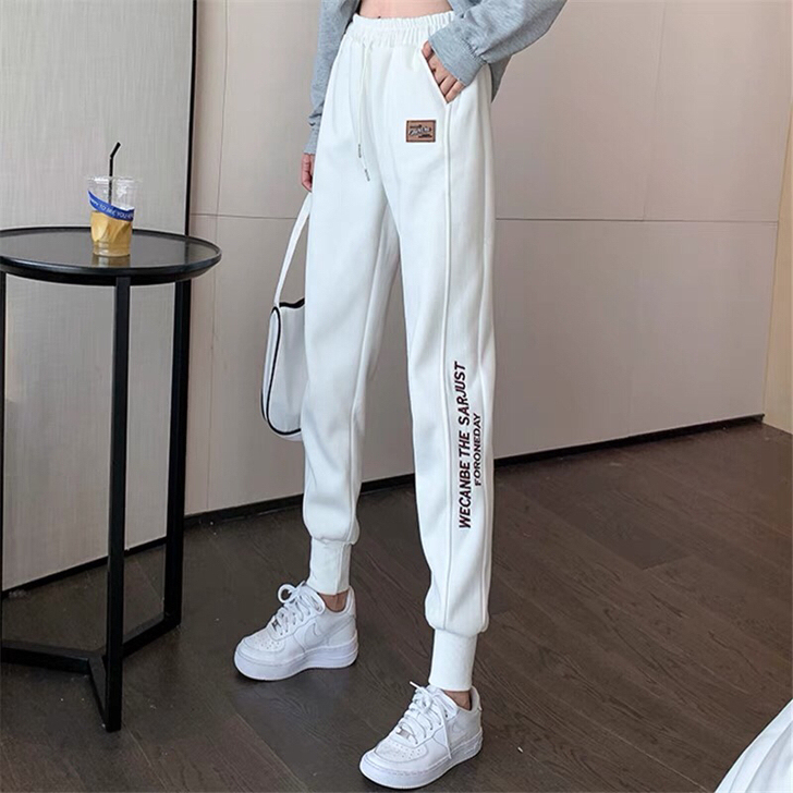 春夏季韩版宽松休闲哈伦裤女外穿白色束脚裤子...