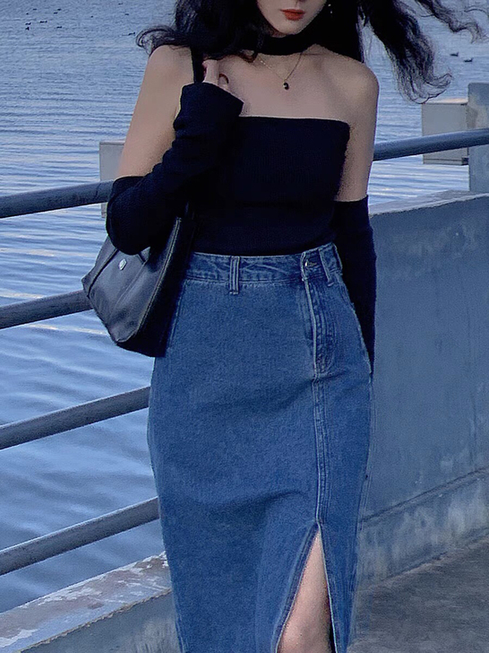 午后商店◆高腰开叉牛仔半身裙女夏季港风复古...