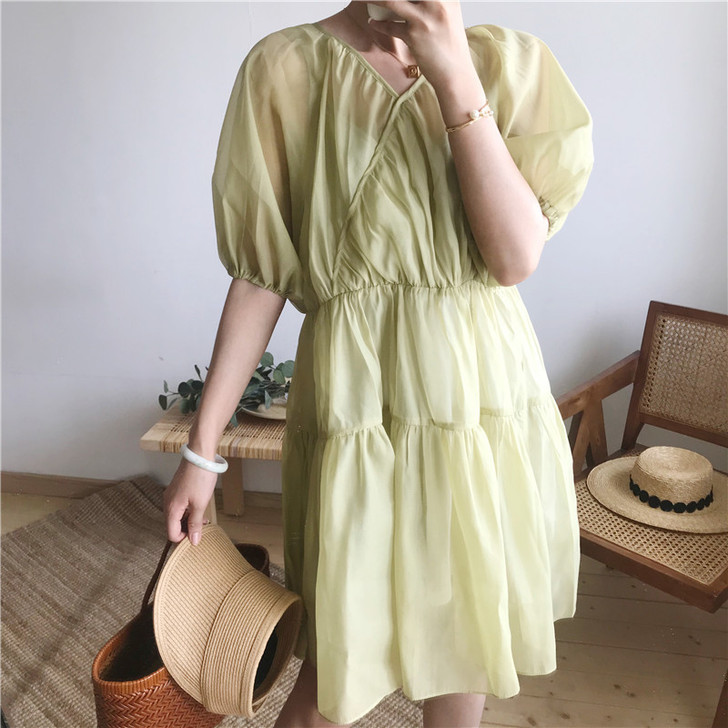 网红韩版抹茶绿复古仙女超仙牛油果绿智熏裙法...