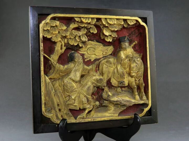 晚清/民国描金木板高浮雕开窗人物纹雕刻画